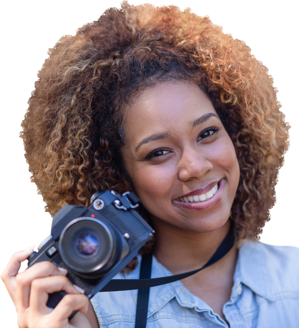 Smiling Young Female Photographer Holding Camera on Transparent Background - Download Free Stock Videos Pikwizard.com