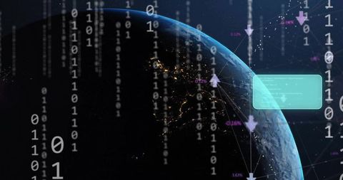 Earth nightside city lights with binary data streams and global network hud overlay