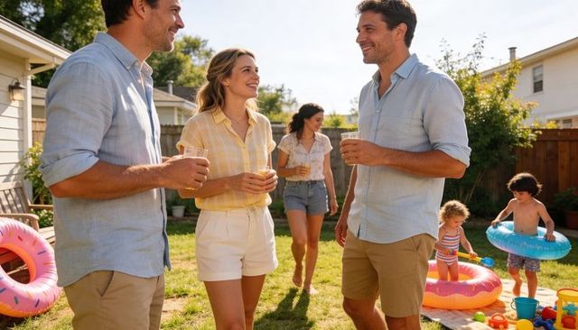 Friends and family laughing and chatting in sunlit backyard with kiddie pool and drinks