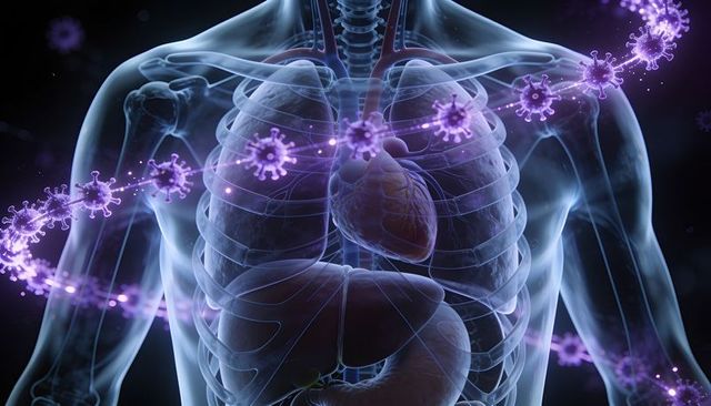 Transparent human torso showing ribcage lungs heart with viral strand encircling chest