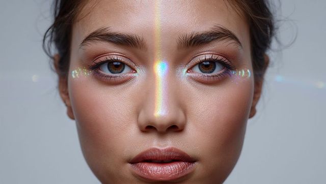 Iridescent Prism Makeup Radiating Down Nose on Dewy Skin Closeup Portrait