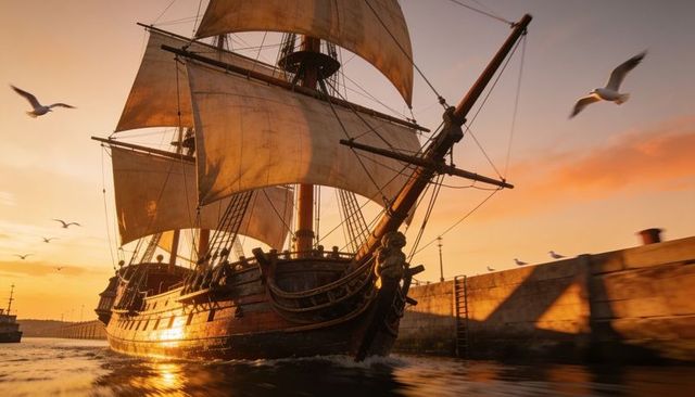 Golden sunset sailing ship leaving harbor with full sails wooden hull seagulls figurehead