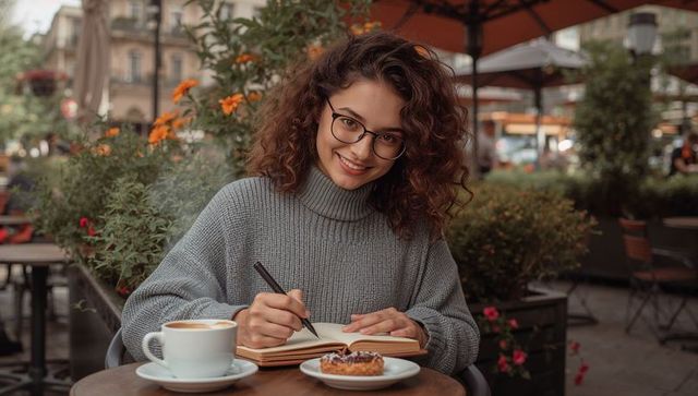 Young woman writing in notebook at cafe terrace with coffee and pastry, urban lifestyle