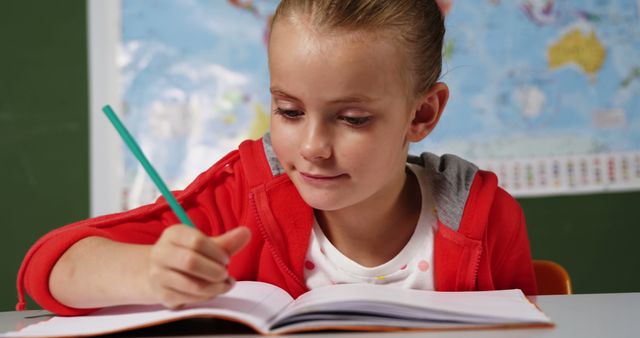 Young girl writing in notebook in classroom with map background - Download Free Stock Images Pikwizard.com