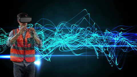Tech Worker Exploring AR with VR Headset and Vibrant Light Trails