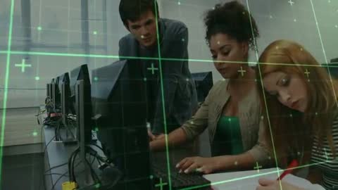 Tech Team Collaborating with Green Digital Grid Overlay