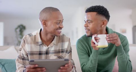 Happy Couple Enjoying Morning Coffee with Tablet - Download Free Stock Images Pikwizard.com