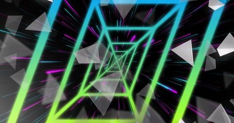 Glowing neon tunnel with receding geometric frames and floating triangular shards