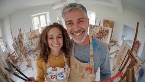Smiling artist couple presenting paint brushes in bright studio workshop