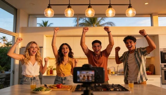 Creators celebrating in sunlit kitchen raising fists while filming lifestyle content