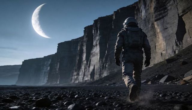 Astronaut walking on black pebble shore toward towering cliffs under crescent moonlit sky