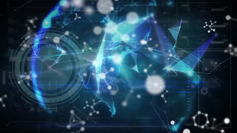 Digital Data Processing Overlaid on World Map with Clock and Network