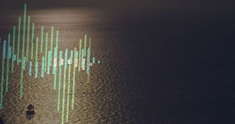 Boat drifting at sunset with digital bars overlay