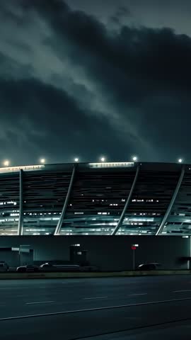 Panning Nighttime Stadium Revealing Storm Clouds, Lit Structural Beams and Taillight Trails