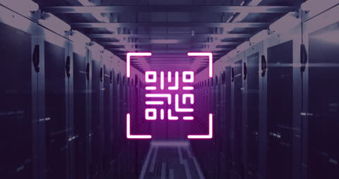 QR Code Overlay on Futuristic Server Room Background