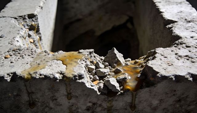 Broken concrete block exposing hollow core with amber liquid seepage close-up