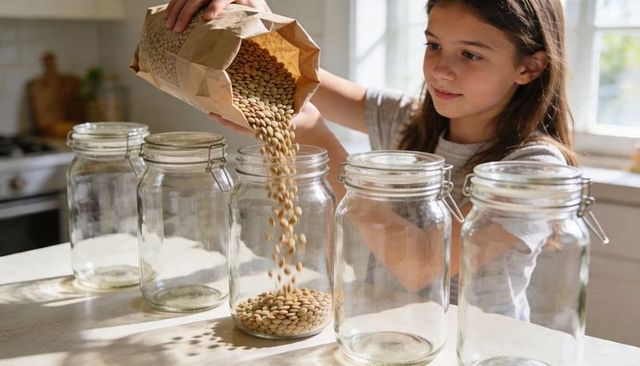 Girl pouring lentils into glass jars on sunlit kitchen counter for pantry organization