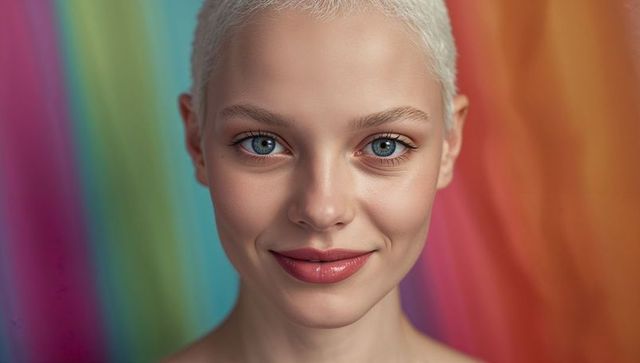 Model with Platinum Blonde Buzz-Cut Posing Against Rainbow Backdrop