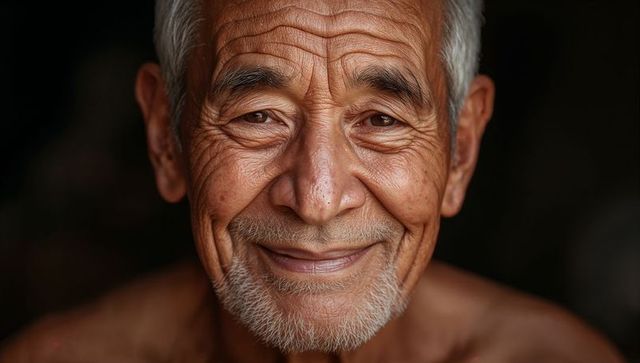 Smiling senior asian man with white beard and deep facial wrinkles closeup warm smile