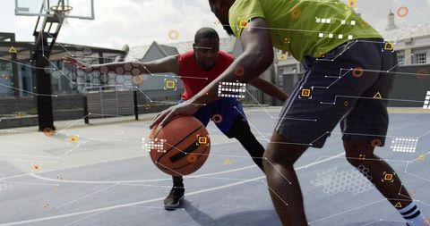Urban streetball duel with augmented reality analytics overlay, intense dribbling, tight defense