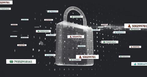 Wireframe Padlock Encircled by Floating Data in Digital Space