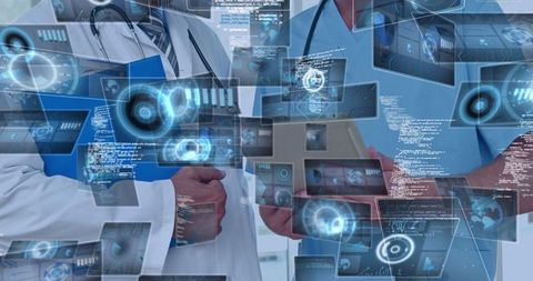 Doctors Reviewing Futuristic Holographic Panels in Medical Corridor