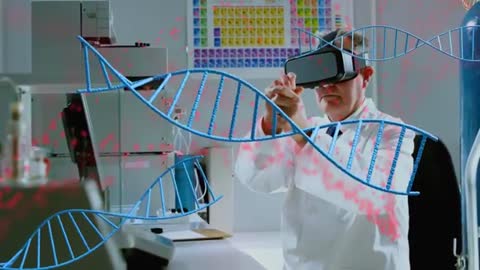 Senior Scientist Using VR Technology to Interact with DNA Helix in Laboratory