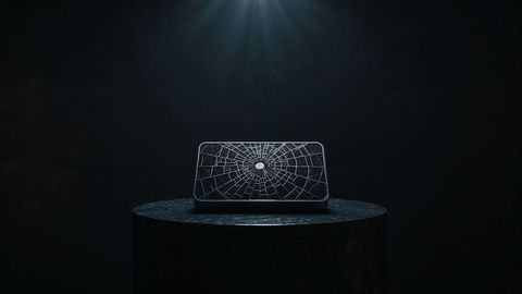 Futuristic device on pedestal with crack pattern in spotlight