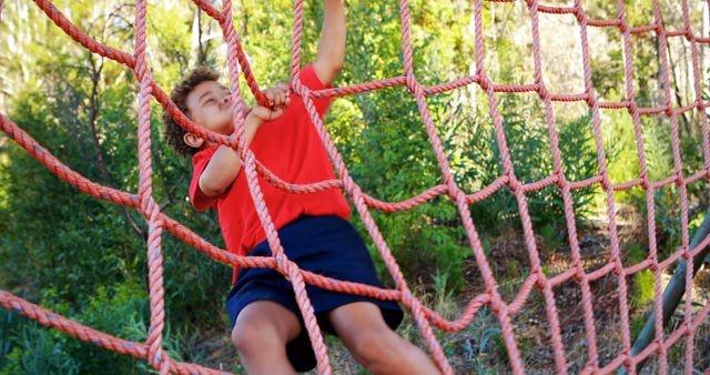 A young boy is actively climbing a red rope net at a playground, with copy space - Download Free Stock Photos Pikwizard.com
