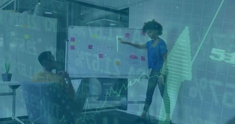 Business Meeting with Stock Market Overlay in Modern Office