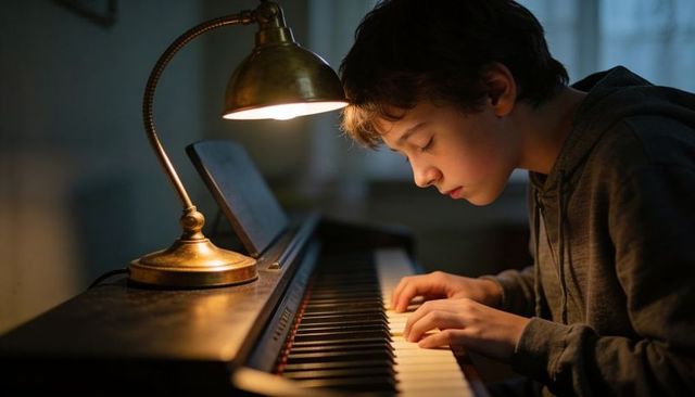 Teenager practicing piano under warm brass lamp, concentrating on keys at home
