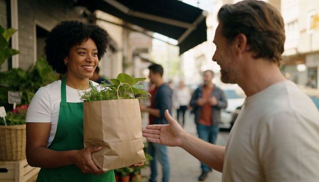 Smiling market vendor handing brown paper bag of potted herbs to customer on urban street