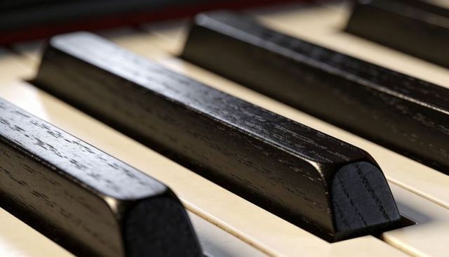 Close-up worn ebony piano keys showing wood grain and ivory texture