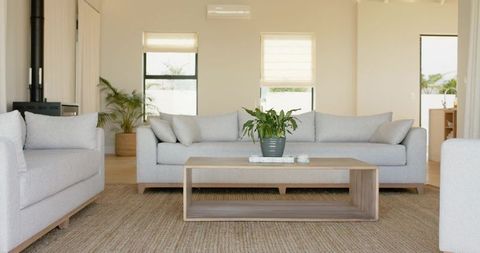 Minimalist light gray sofa anchoring open-plan living room with wood coffee table and plants
