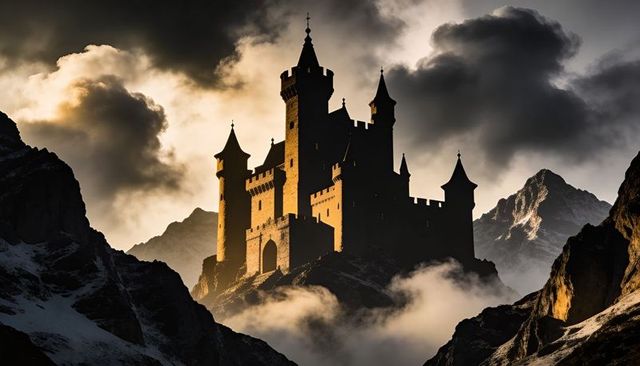 Sunlit medieval castle rising from alpine mist with towers and dramatic mountain backdrop