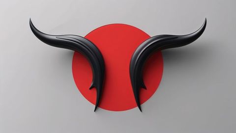 Minimalist black demon horns with red circle on gray background