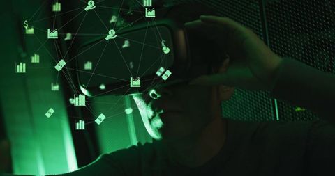 IT Engineer Using VR Headset for Digital Cloud Computing