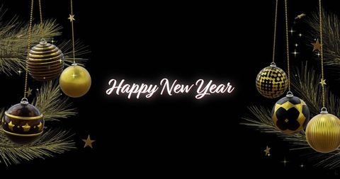New Year Celebration with Golden Christmas Baubles on Black Background