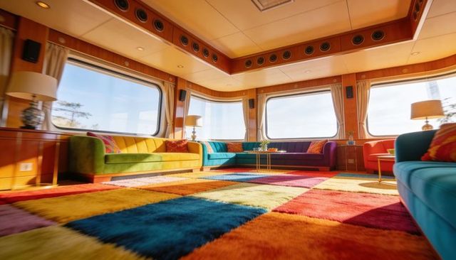 Sunlit luxury yacht lounge featuring multicolored patchwork rug and vibrant sofas
