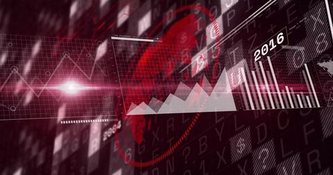 Red Digital Analytics HUD Displaying Financial Charts, 2016 Bar Graph, Radar Interface
