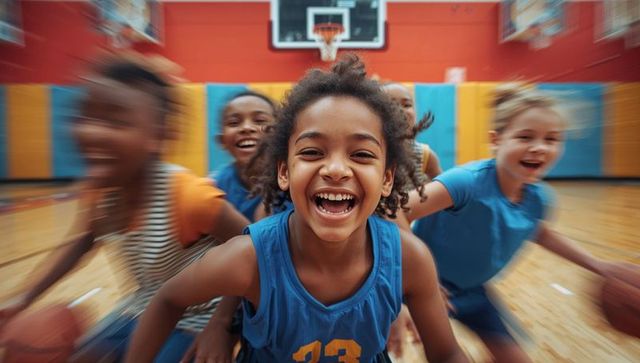 Enthusiastic kids playing basketball in cheerful school gym