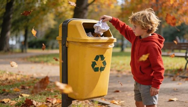 Young boy recycling in autumn park tossing paper into yellow bin promoting eco habit