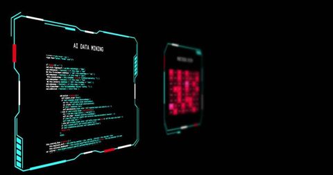 Neon AI Data Mining HUD with Glowing Code Panel and Red Grid Hologram on Black Copy Space