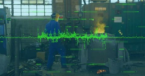 Foundry worker tending molten metal with real-time data overlay for smart manufacturing