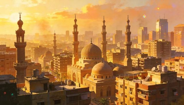 Golden hour urban skyline with ornate dome mosque and towering minarets