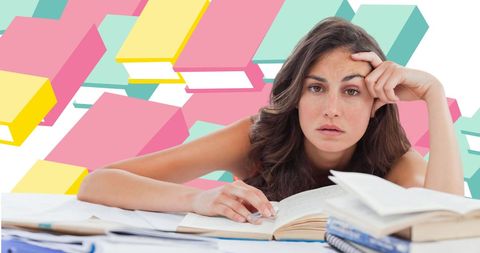 Pensive woman studying with exaggerated book graphics