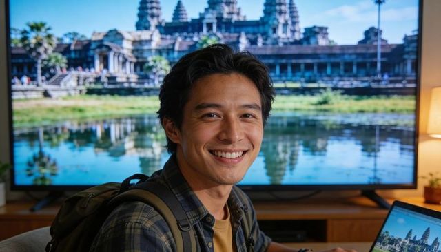 Smiling asian man wearing backpack at desk studying with laptop and temple on monitor