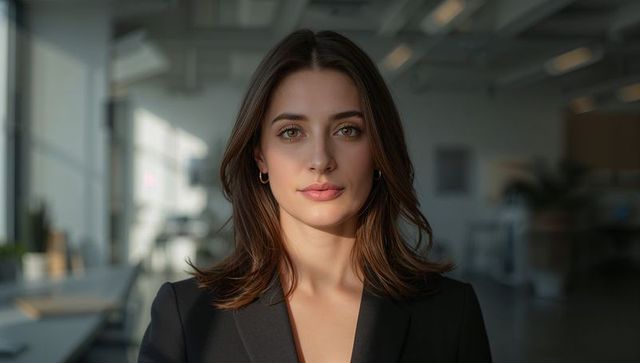 Confident businesswoman headshot in black blazer at modern open office