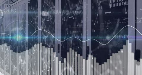Futuristic data center dashboard with overlaid analytics hud, server monitoring concept