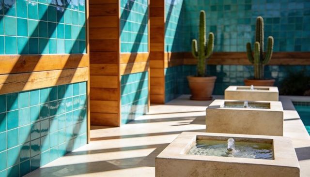 Sunlit turquoise tile courtyard with modern stone fountains and potted cactus